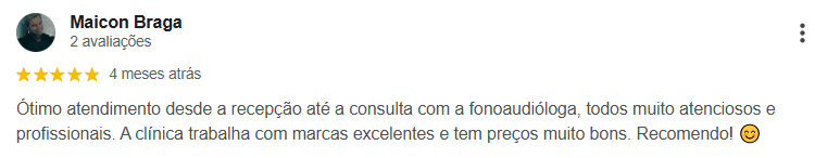 Avaliação 5 estrelas de Maicon Braga no Google sobre a Audio Center BH