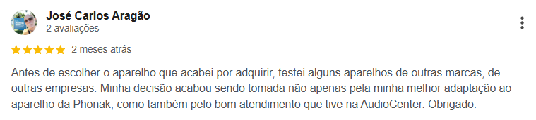 Avaliação 5 estrelas de José Carlos Aragão no Google sobre a Audio Center BH